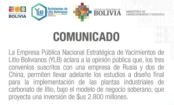 YLB aclara que inversión para  industrializar el litio es de $us 2.800 millones bajo el modelo de negocio soberano