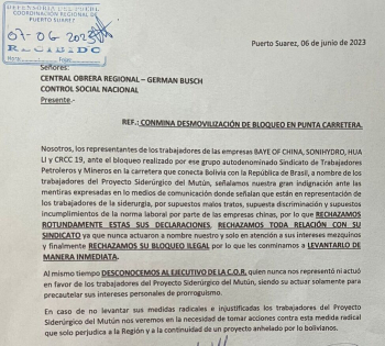 Trabajadores de la Siderúrgica del Mutún descartan “relación laboral” con bloqueadores en la ruta Bioceánica