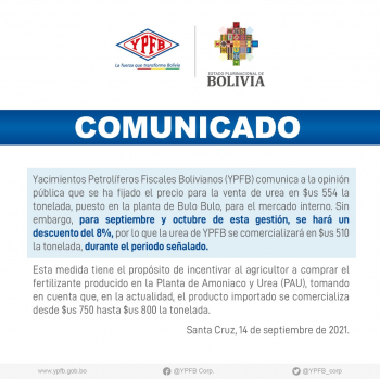 YPFB fija precio de $us 554 por tonelada de urea con descuento de 8% durante septiembre y octubre