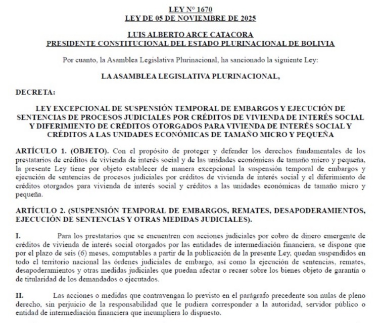 En última sesión de gabinete, Arce promulga la ley de diferimiento de pago de créditos de vivienda social y de microempresarios